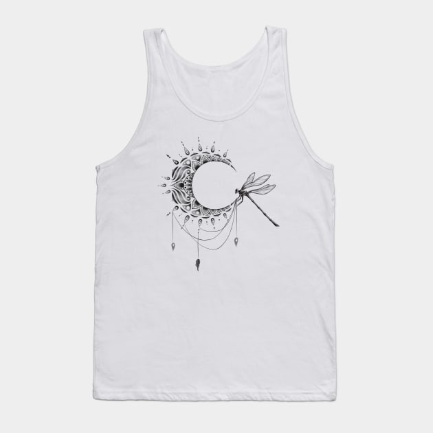 Intricate Half Crescent Moon with Dragonfly Tattoo Design Tank Top by Tred85